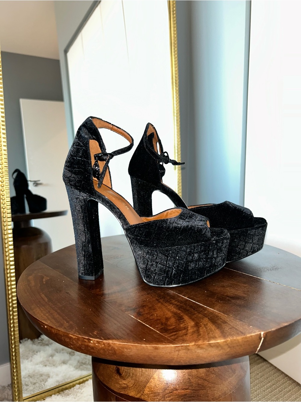 Kurt Geiger Black Velvet Platform Ankle-Tie Heels